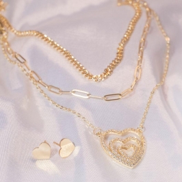 Conjunto Coração Cravejado - Aço com Banho de Ouro