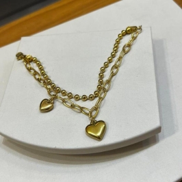 Pulseira dupla dois corações - Aço Inox com Banho de Ouro