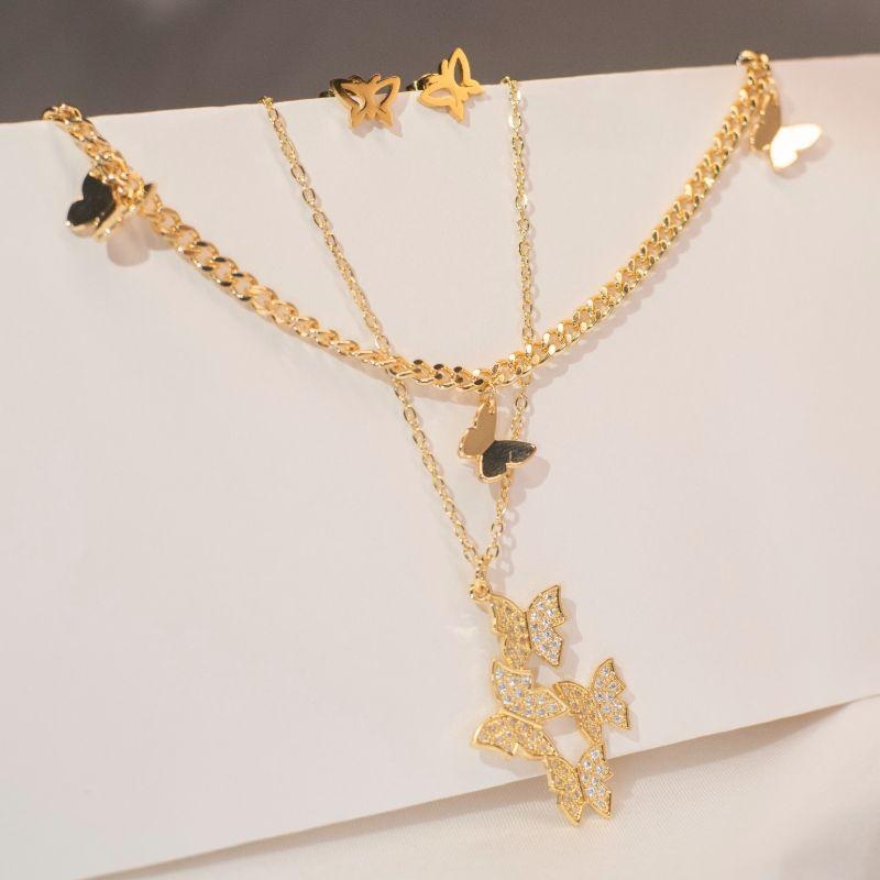 Conjunto Borboleta Cravejada - Aço Inox com Banho