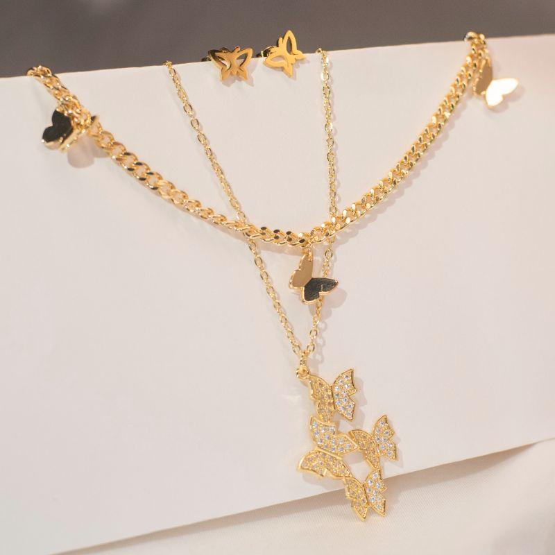 Conjunto Borboleta Cravejada - Aço Inox com Banho